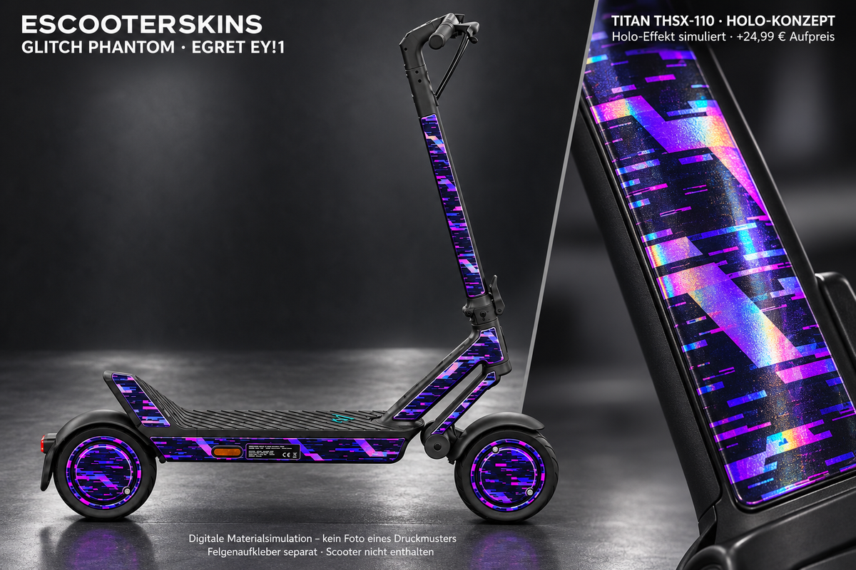 EGRET EY!1 SKIN | GLITCH PHANTOM – Holo-Effekt simuliert; +24,99 EUR Aufpreis. Digitale Materialsimulation, keine physische Druckprobe. Nur Body-Skin; Scooter und Felgenaufkleber nicht enthalten.