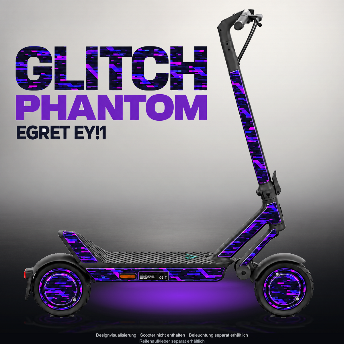 EGRET EY!1 SKIN | GLITCH PHANTOM – Designvisualisierung im Studio-Look mit Licht in der Skinfarbe; Scooter nicht enthalten, Beleuchtung separat erhältlich