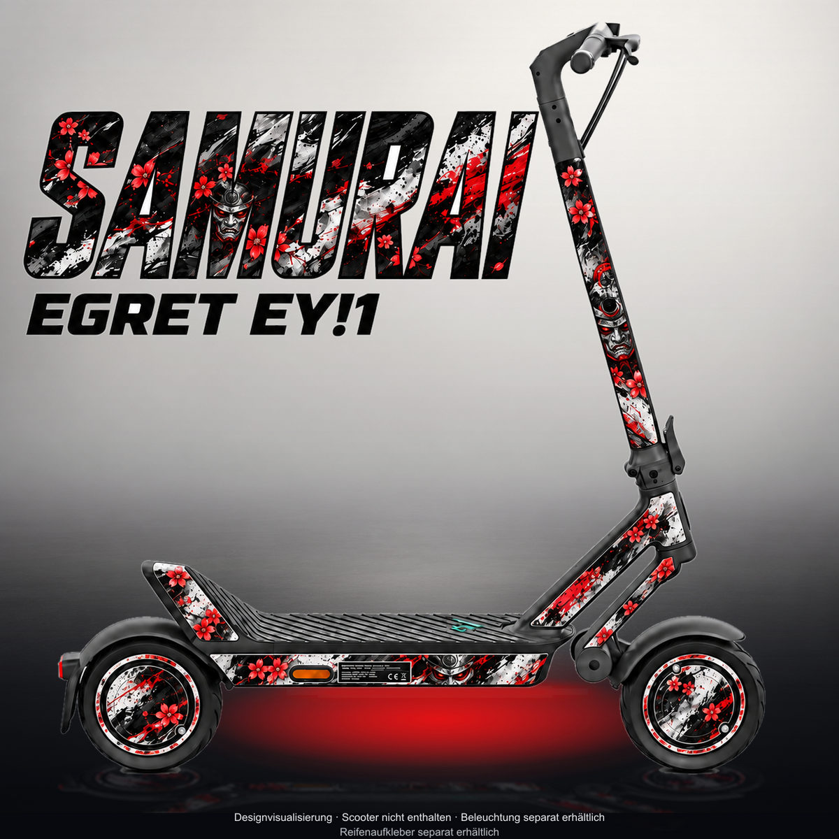 EGRET EY!1 SKIN | SAMURAI – Designvisualisierung im Studio-Look mit Licht in der Skinfarbe; Scooter nicht enthalten, Beleuchtung separat erhältlich