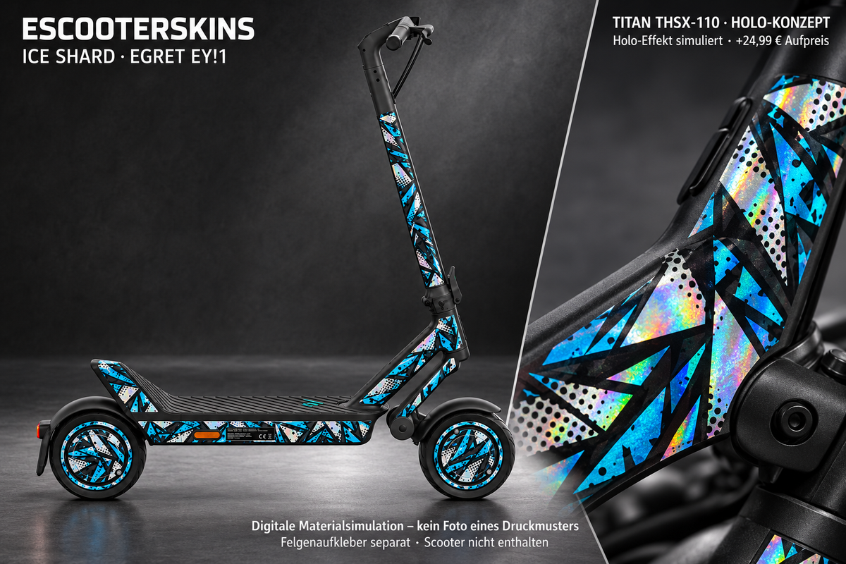EGRET EY!1 SKIN | ICE SHARD – Holo-Effekt simuliert; +24,99 EUR Aufpreis. Digitale Materialsimulation, keine physische Druckprobe. Nur Body-Skin; Scooter und Felgenaufkleber nicht enthalten.