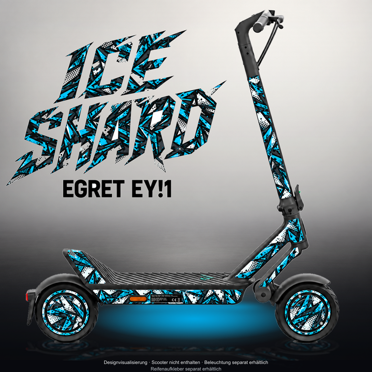 EGRET EY!1 SKIN | ICE SHARD – Designvisualisierung im Studio-Look mit Licht in der Skinfarbe; Scooter nicht enthalten, Beleuchtung separat erhältlich
