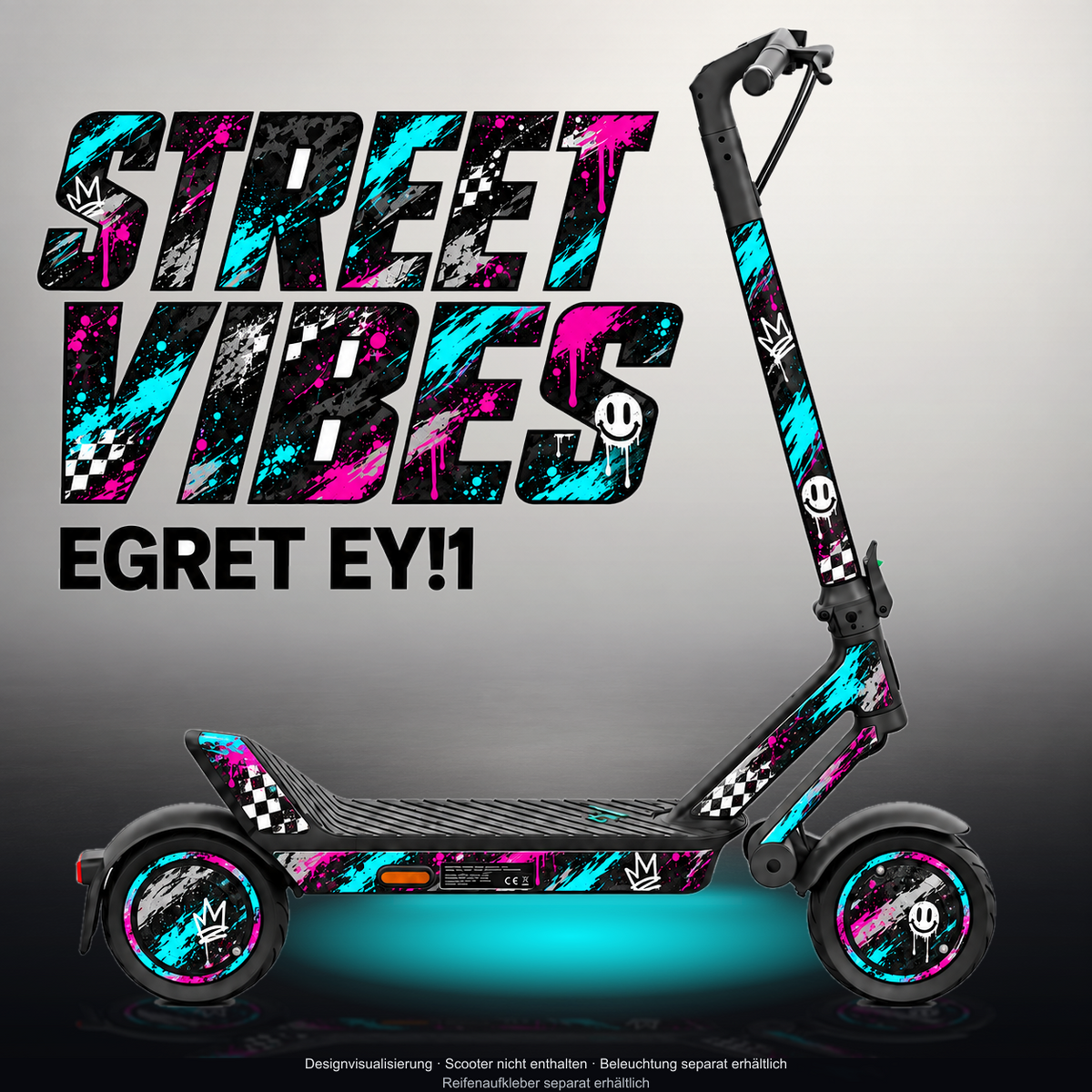EGRET EY!1 SKIN | STREET VIBES – Designvisualisierung im Studio-Look mit Licht in der Skinfarbe; Scooter nicht enthalten, Beleuchtung separat erhältlich