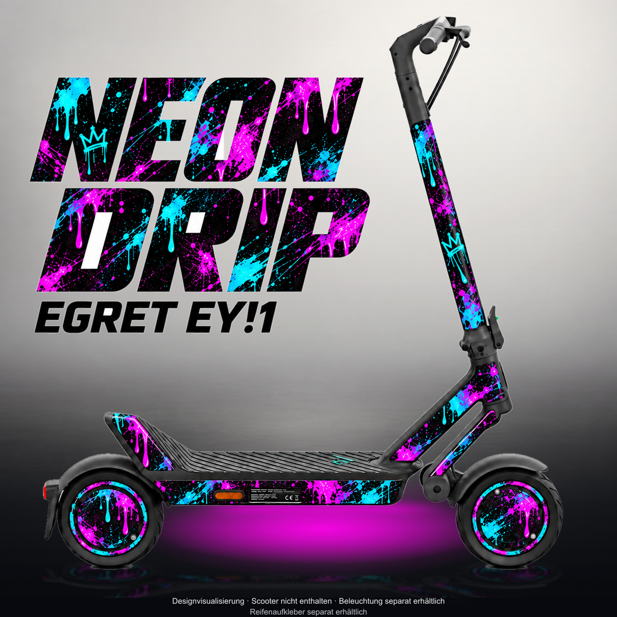 EGRET EY!1 SKIN | NEON DRIP – Designvisualisierung im Studio-Look mit Licht in der Skinfarbe; Scooter nicht enthalten, Beleuchtung separat erhältlich