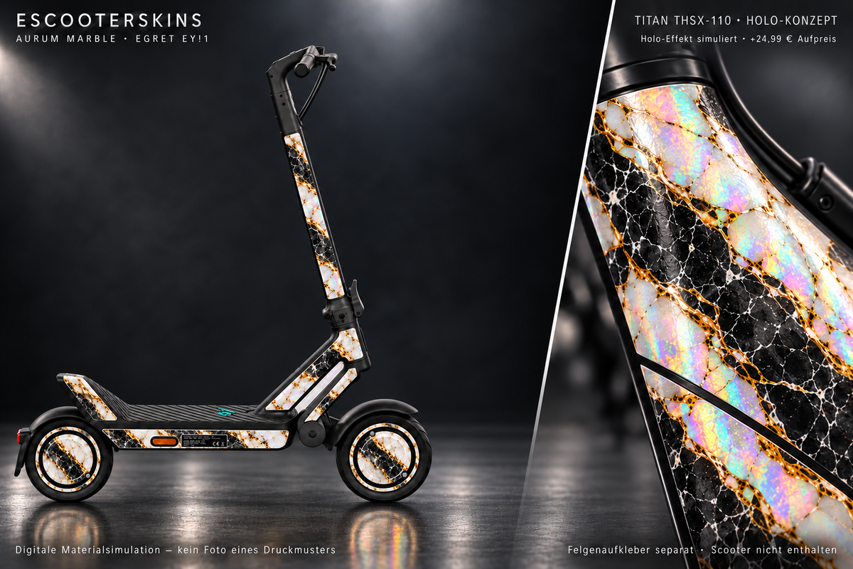 EGRET EY!1 SKIN | AURUM MARBLE – Holo-Effekt simuliert; +24,99 EUR Aufpreis. Digitale Materialsimulation, keine physische Druckprobe. Nur Body-Skin; Scooter und Felgenaufkleber nicht enthalten.