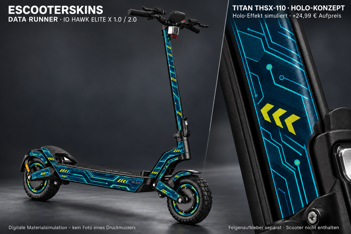 IO HAWK ELITE X 1.0 / 2.0 SKIN | DATA RUNNER – Holo-Effekt simuliert; +24,99 EUR Aufpreis. Digitale Materialsimulation, keine physische Druckprobe. Nur Body-Skin; Scooter und Felgenaufkleber nicht enthalten.