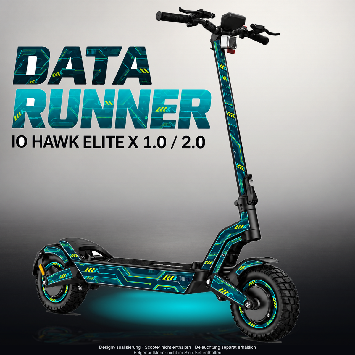 IO HAWK ELITE X 1.0 / 2.0 SKIN | DATA RUNNER – Designvisualisierung mit Licht in der Skinfarbe; Scooter nicht enthalten, Beleuchtung separat erhältlich