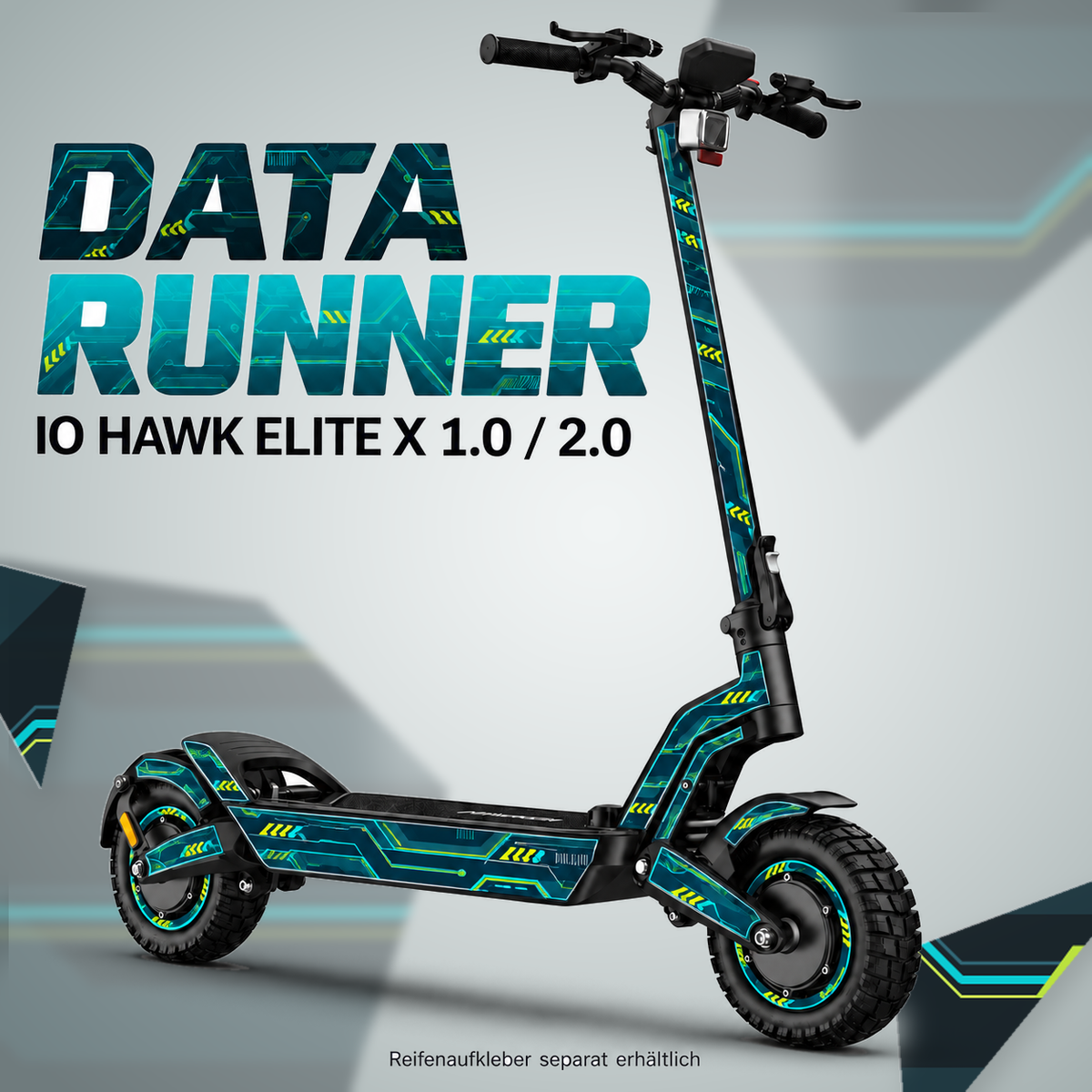 IO HAWK ELITE X 1.0 / 2.0 SKIN | DATA RUNNER – Designvisualisierung; Scooter nicht enthalten. Reifenaufkleber separat erhältlich.