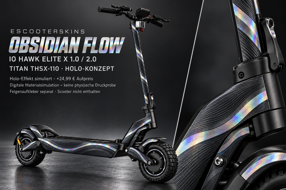 IO HAWK ELITE X 1.0 / 2.0 SKIN | OBSIDIAN FLOW – Holo-Effekt simuliert; +24,99 EUR Aufpreis. Digitale Materialsimulation, keine physische Druckprobe. Nur Body-Skin; Scooter und Felgenaufkleber nicht enthalten.