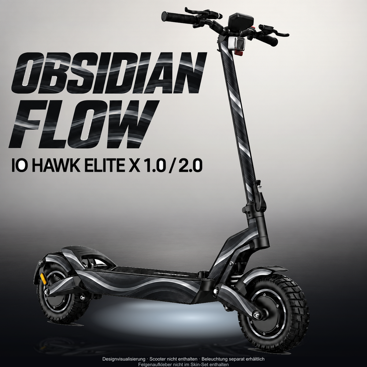 IO HAWK ELITE X 1.0 / 2.0 SKIN | OBSIDIAN FLOW – Designvisualisierung mit Licht in der Skinfarbe; Scooter nicht enthalten, Beleuchtung separat erhältlich