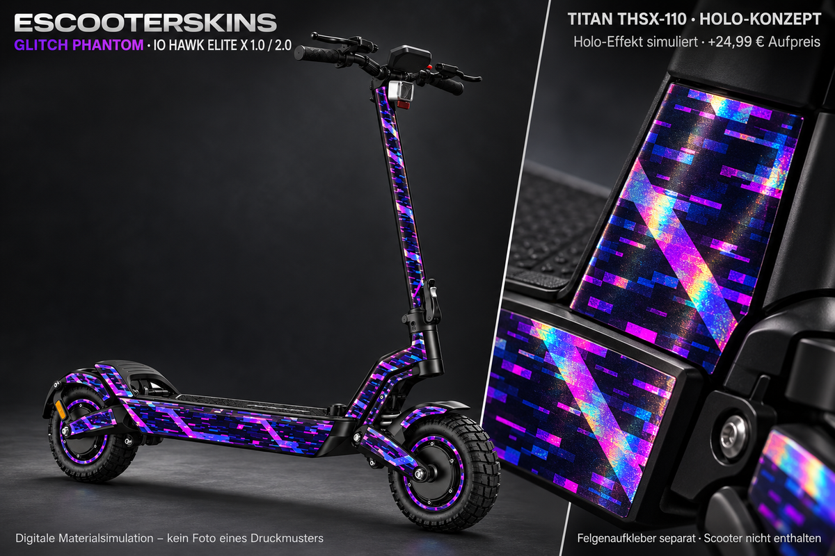 IO HAWK ELITE X 1.0 / 2.0 SKIN | GLITCH PHANTOM – Holo-Effekt simuliert; +24,99 EUR Aufpreis. Digitale Materialsimulation, keine physische Druckprobe. Nur Body-Skin; Scooter und Felgenaufkleber nicht enthalten.