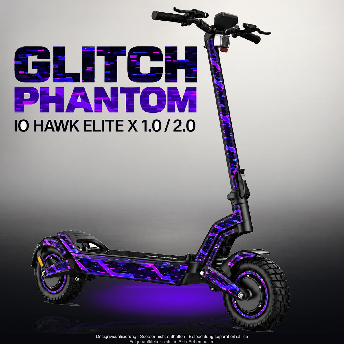 IO HAWK ELITE X 1.0 / 2.0 SKIN | GLITCH PHANTOM – Designvisualisierung mit Licht in der Skinfarbe; Scooter nicht enthalten, Beleuchtung separat erhältlich