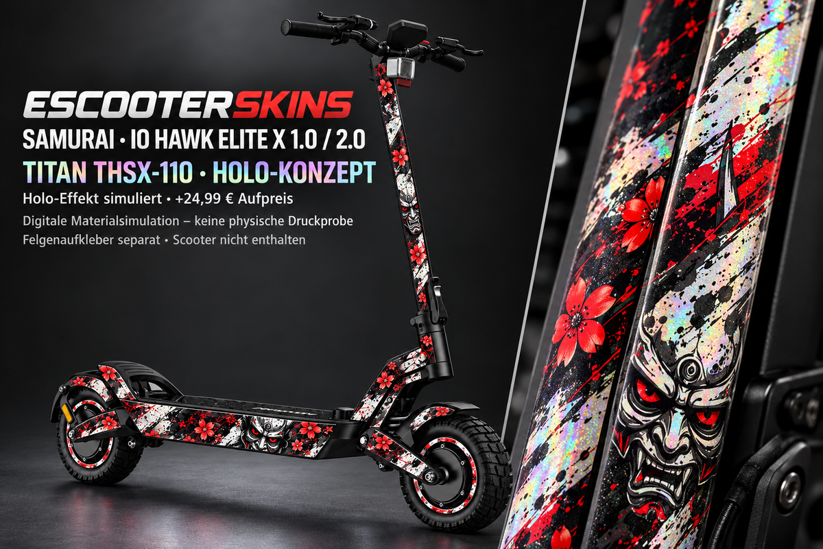 IO HAWK ELITE X 1.0 / 2.0 SKIN | SAMURAI – Holo-Effekt simuliert; +24,99 EUR Aufpreis. Digitale Materialsimulation, keine physische Druckprobe. Nur Body-Skin; Scooter und Felgenaufkleber nicht enthalten.