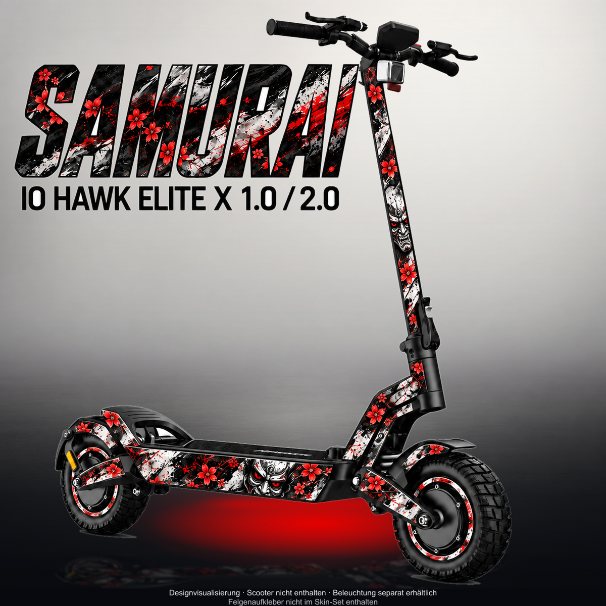 IO HAWK ELITE X 1.0 / 2.0 SKIN | SAMURAI – Designvisualisierung mit Licht in der Skinfarbe; Scooter nicht enthalten, Beleuchtung separat erhältlich