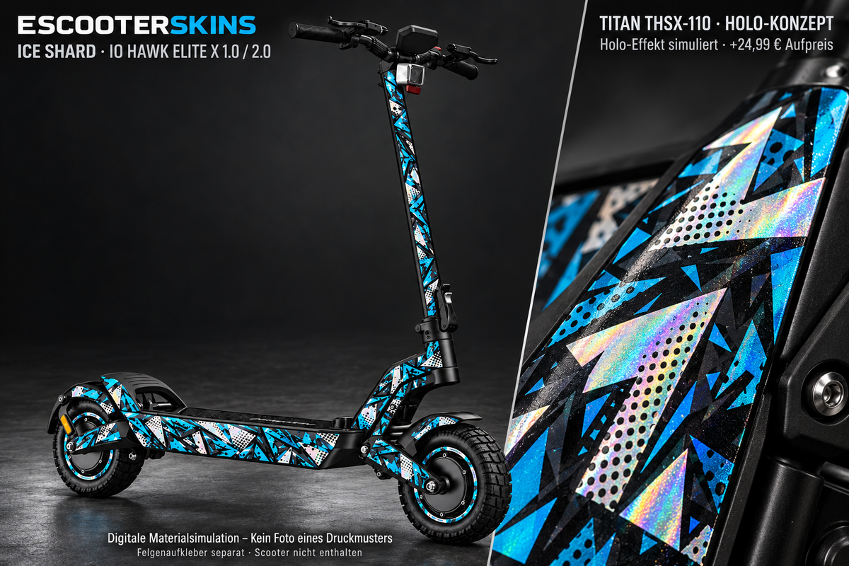 IO HAWK ELITE X 1.0 / 2.0 SKIN | ICE SHARD – Holo-Effekt simuliert; +24,99 EUR Aufpreis. Digitale Materialsimulation, keine physische Druckprobe. Nur Body-Skin; Scooter und Felgenaufkleber nicht enthalten.