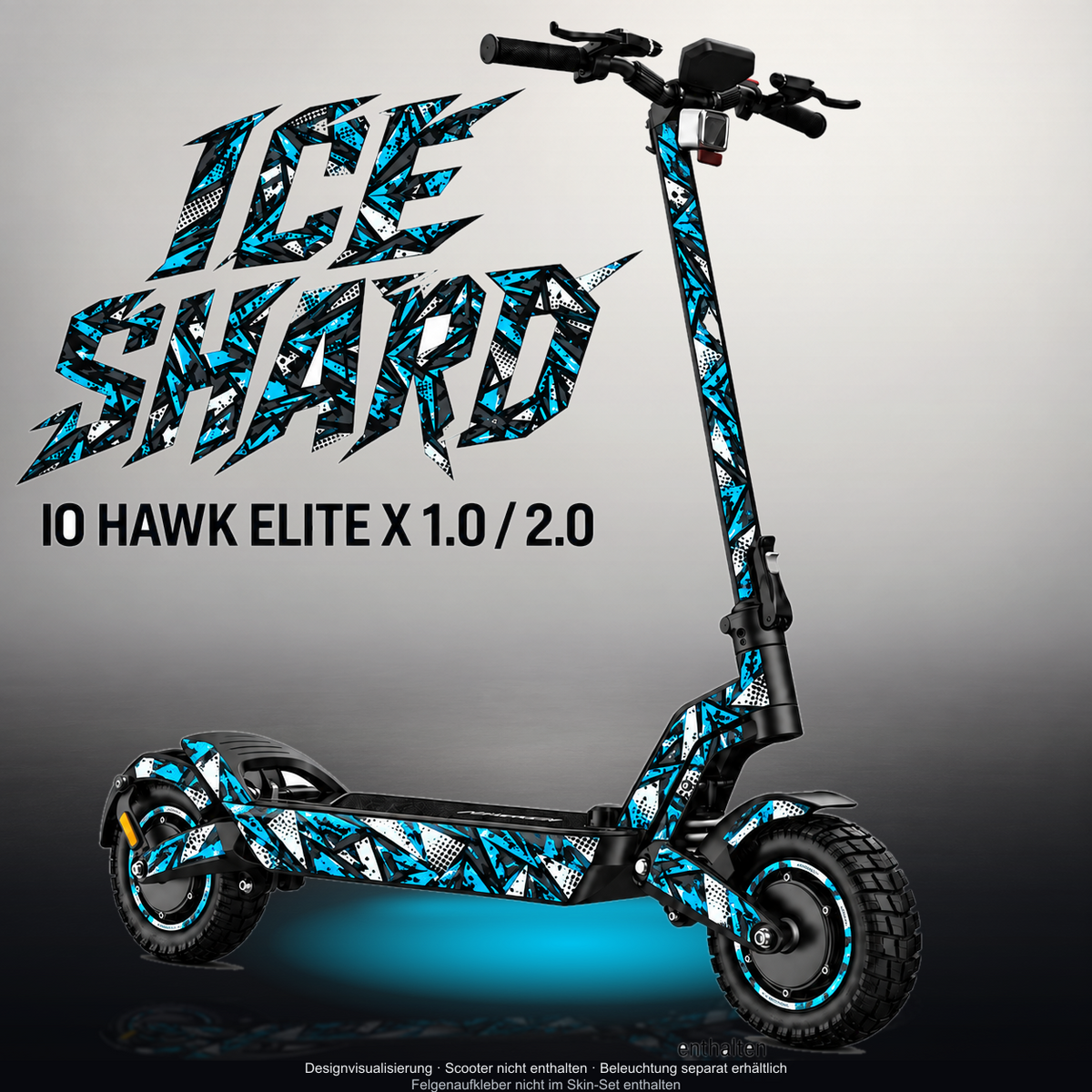 IO HAWK ELITE X 1.0 / 2.0 SKIN | ICE SHARD – Designvisualisierung mit Licht in der Skinfarbe; Scooter nicht enthalten, Beleuchtung separat erhältlich