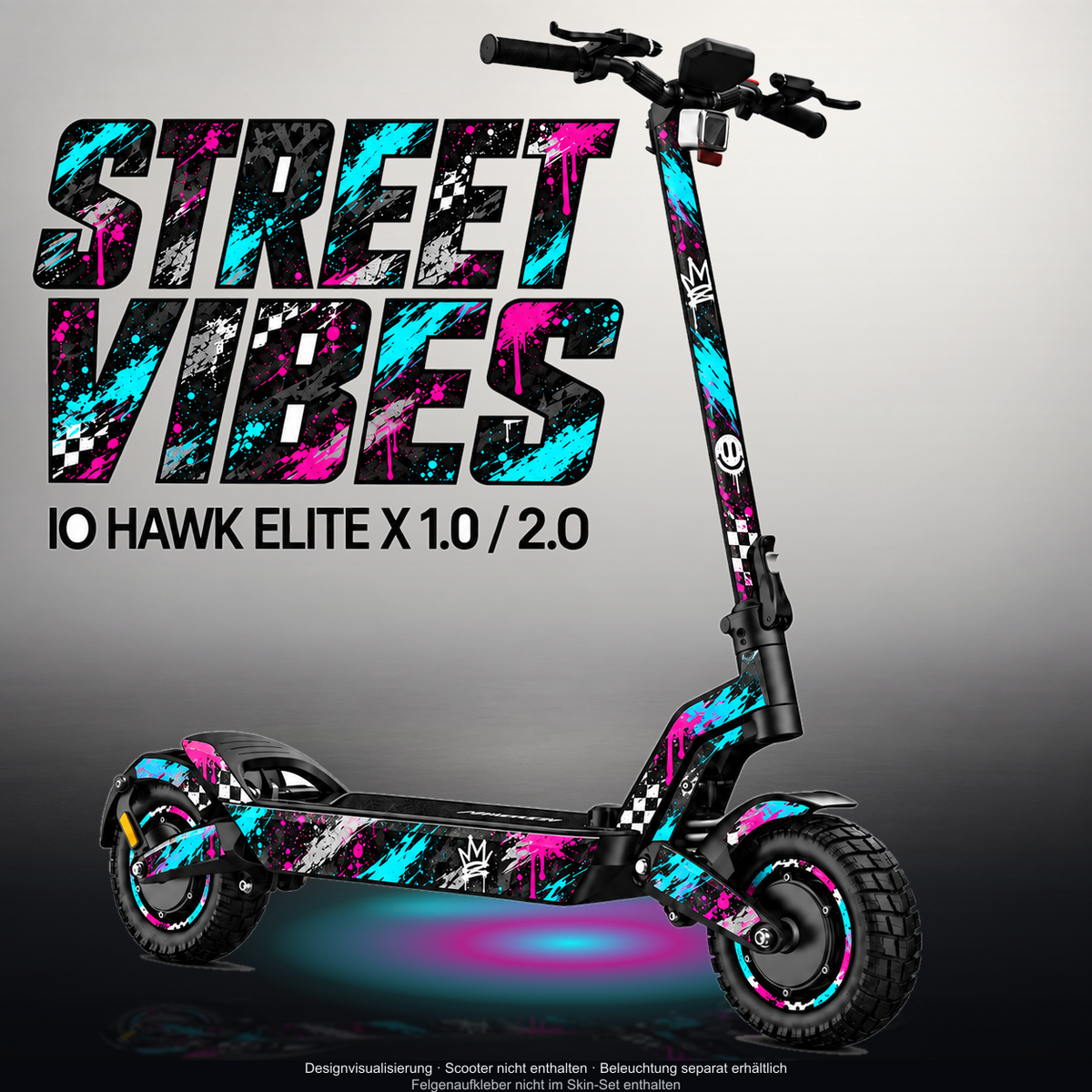 IO HAWK ELITE X 1.0 / 2.0 SKIN | STREET VIBES – Designvisualisierung mit Licht in der Skinfarbe; Scooter nicht enthalten, Beleuchtung separat erhältlich