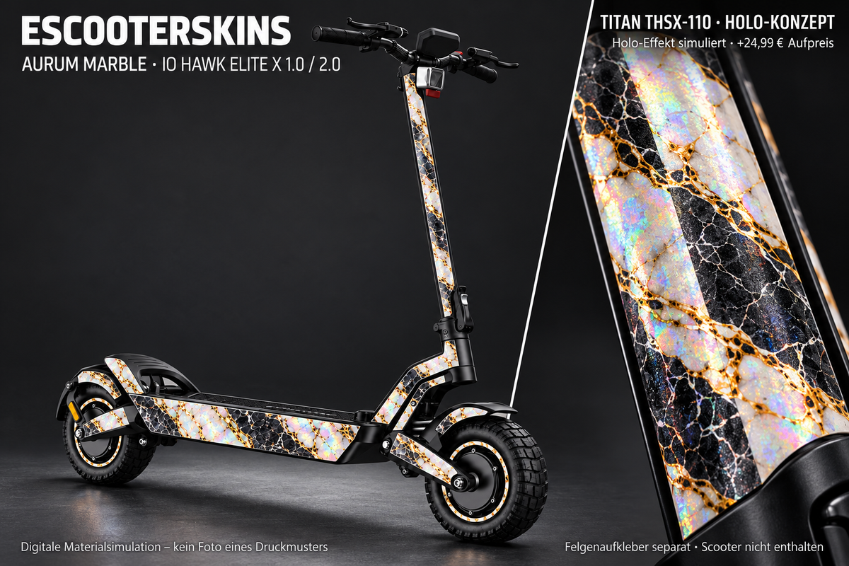 IO HAWK ELITE X 1.0 / 2.0 SKIN | AURUM MARBLE – Holo-Effekt simuliert; +24,99 EUR Aufpreis. Digitale Materialsimulation, keine physische Druckprobe. Nur Body-Skin; Scooter und Felgenaufkleber nicht enthalten.