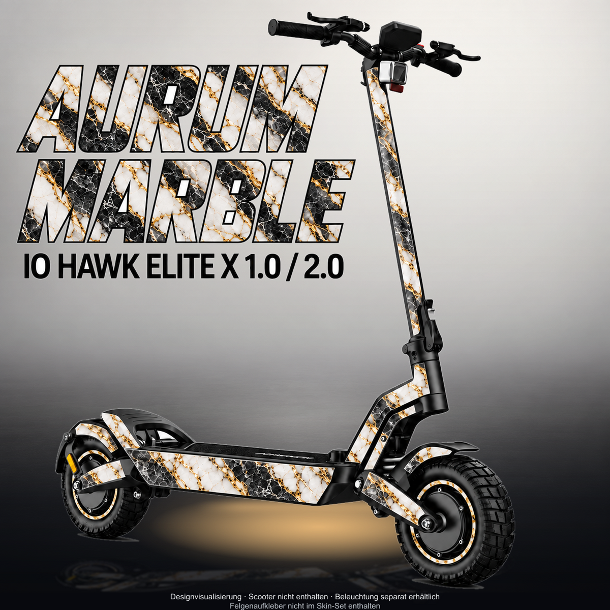 IO HAWK ELITE X 1.0 / 2.0 SKIN | AURUM MARBLE – Designvisualisierung mit Licht in der Skinfarbe; Scooter nicht enthalten, Beleuchtung separat erhältlich