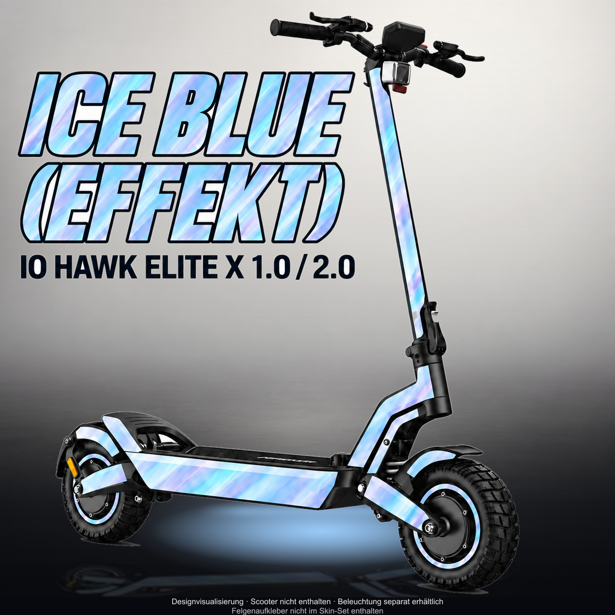 IO HAWK ELITE X 1.0 / 2.0 SKIN | ICE BLUE (EFFEKT) – Designvisualisierung mit Licht in der Skinfarbe; Scooter nicht enthalten, Beleuchtung separat erhältlich
