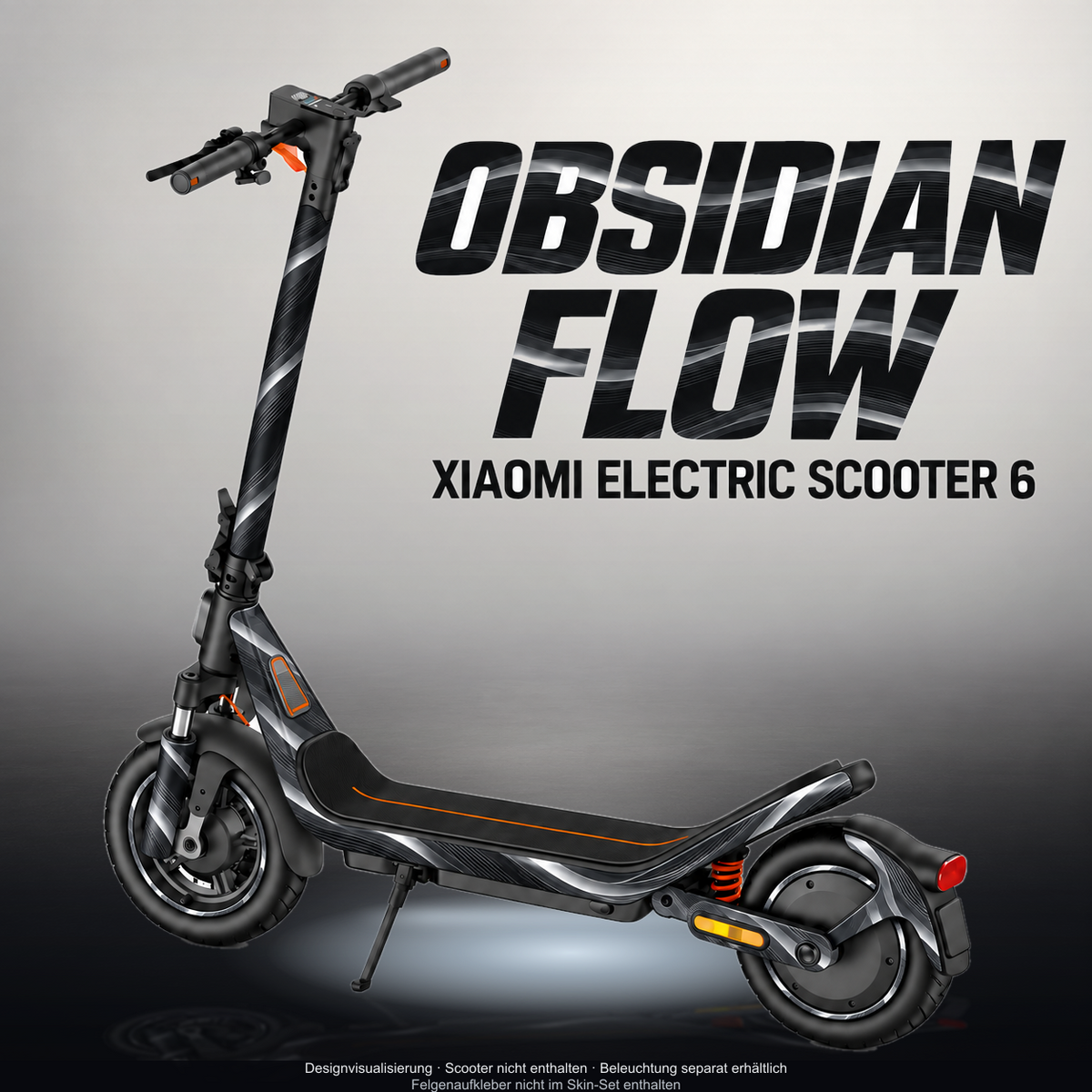 XIAOMI ELECTRIC SCOOTER 6 SKIN | OBSIDIAN FLOW – Designvisualisierung mit Licht in der Skinfarbe; Scooter nicht enthalten, Beleuchtung separat erhältlich