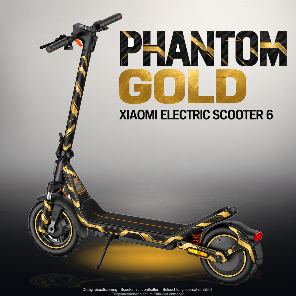 XIAOMI ELECTRIC SCOOTER 6 SKIN | PHANTOM GOLD – Designvisualisierung mit Licht in der Skinfarbe; Scooter nicht enthalten, Beleuchtung separat erhältlich