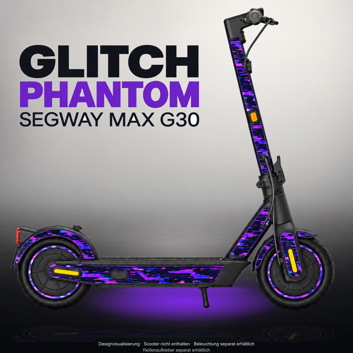 SEGWAY MAX G30 SKIN | GLITCH PHANTOM – Designvisualisierung im Studio-Look mit Licht in der Skinfarbe; Scooter nicht enthalten, Beleuchtung separat erhältlich