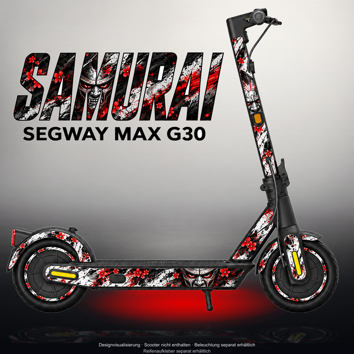 SEGWAY MAX G30 SKIN | SAMURAI – Designvisualisierung im Studio-Look mit Licht in der Skinfarbe; Scooter nicht enthalten, Beleuchtung separat erhältlich