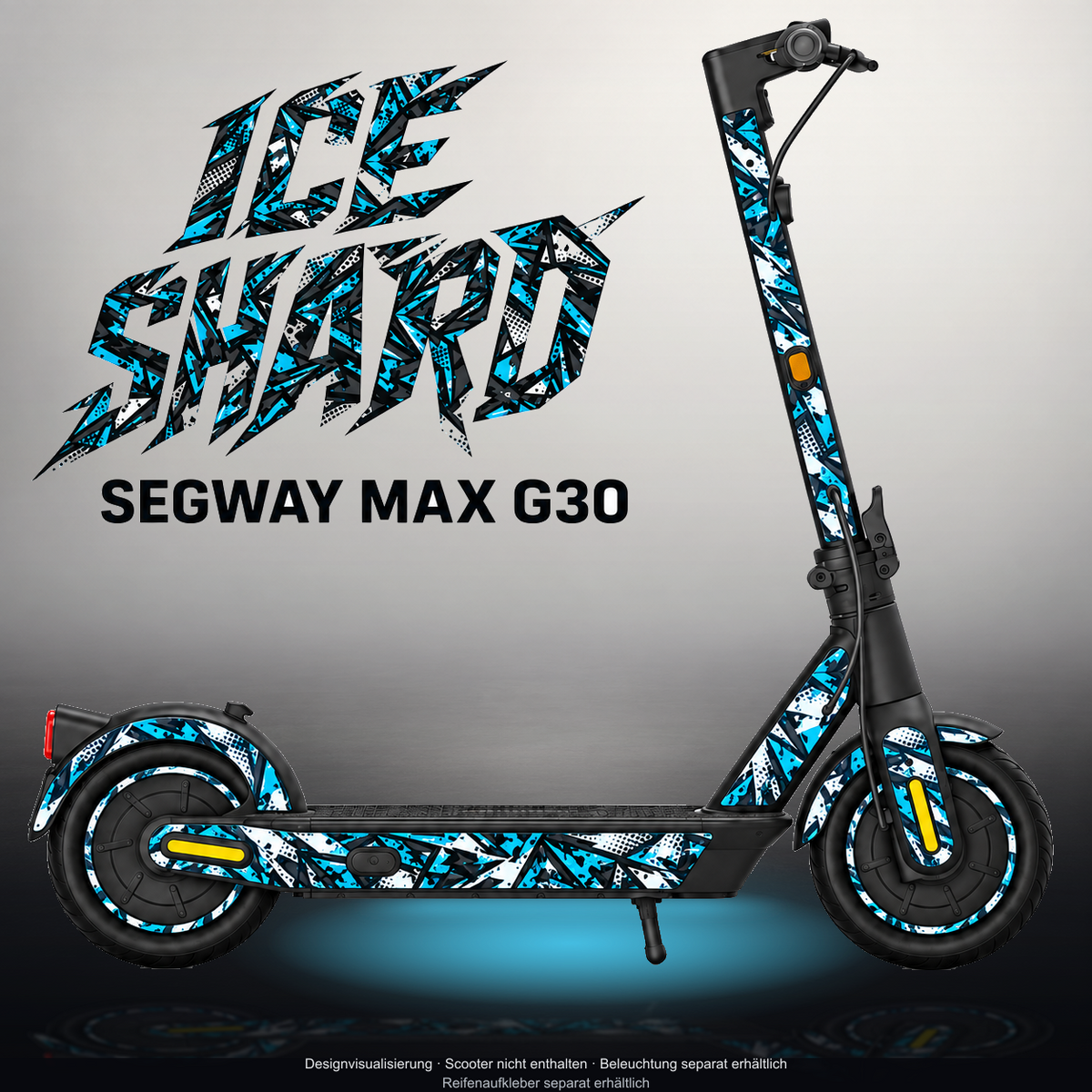 SEGWAY MAX G30 SKIN | ICE SHARD – Designvisualisierung im Studio-Look mit Licht in der Skinfarbe; Scooter nicht enthalten, Beleuchtung separat erhältlich