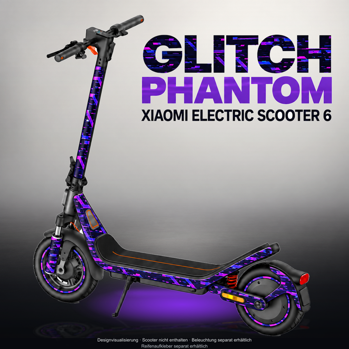 XIAOMI ELECTRIC SCOOTER 6 SKIN | GLITCH PHANTOM – Designvisualisierung im Studio-Look mit Licht in der Skinfarbe; Scooter nicht enthalten, Beleuchtung separat erhältlich
