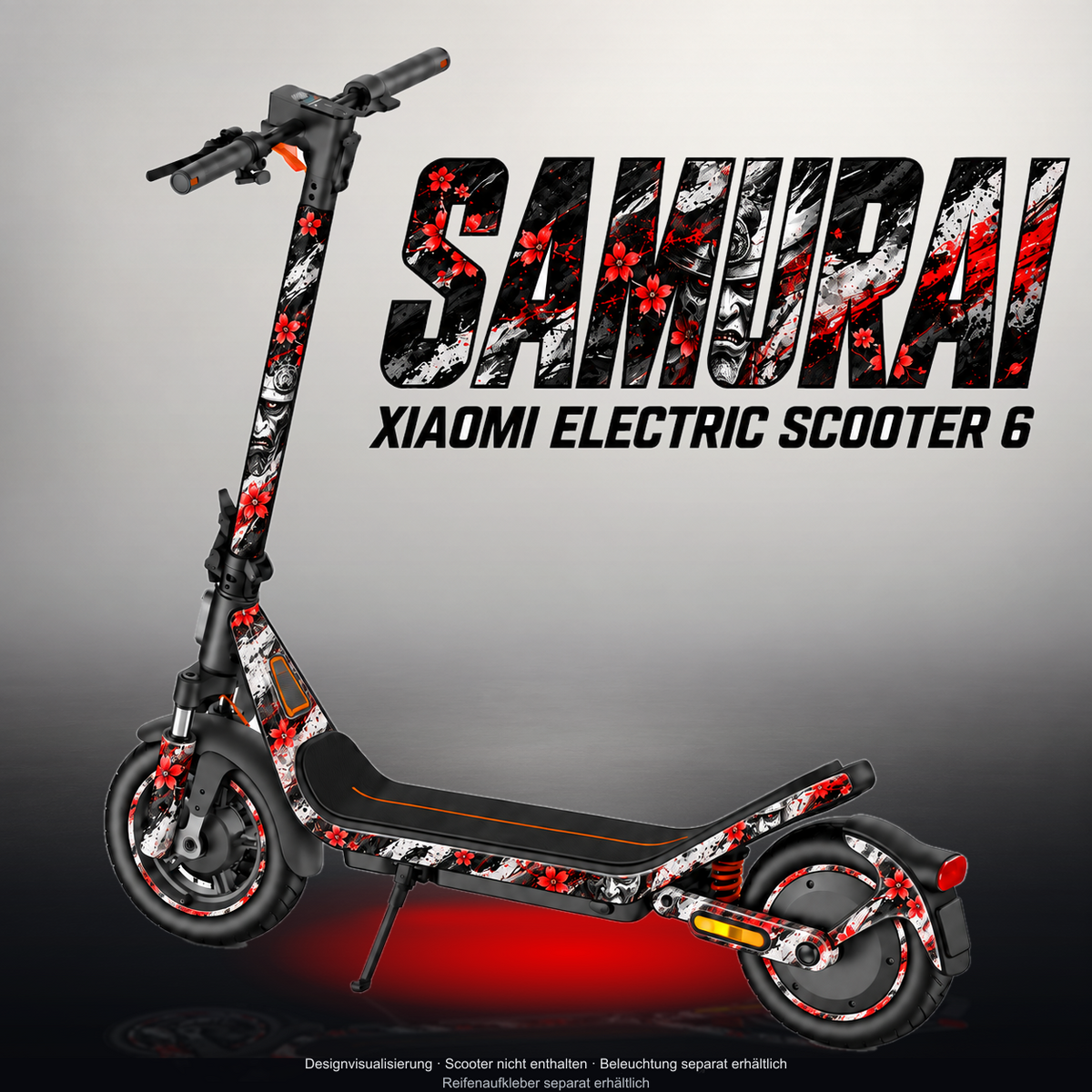 XIAOMI ELECTRIC SCOOTER 6 SKIN | SAMURAI – Designvisualisierung im Studio-Look mit Licht in der Skinfarbe; Scooter nicht enthalten, Beleuchtung separat erhältlich