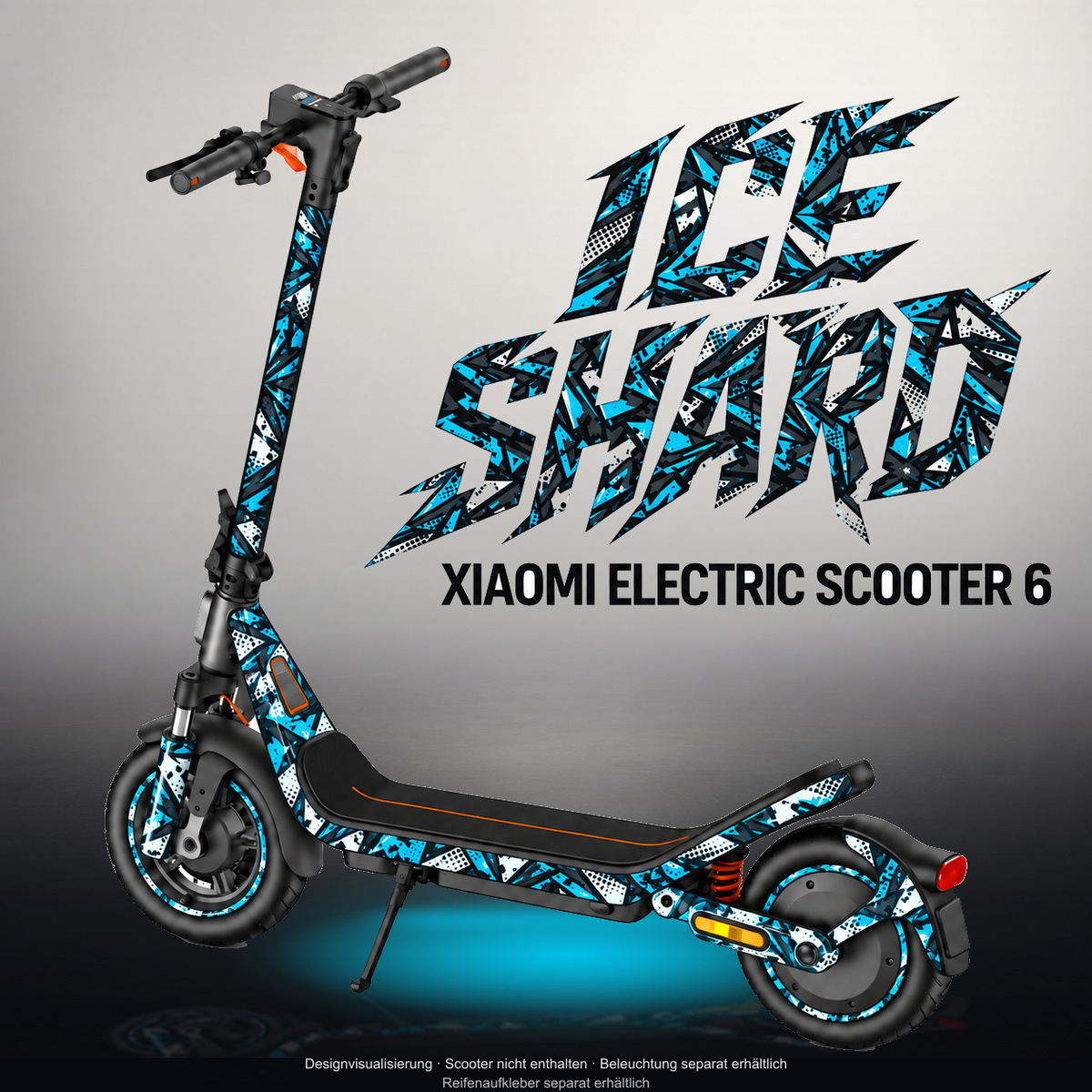 XIAOMI ELECTRIC SCOOTER 6 SKIN | ICE SHARD – Designvisualisierung im Studio-Look mit Licht in der Skinfarbe; Scooter nicht enthalten, Beleuchtung separat erhältlich