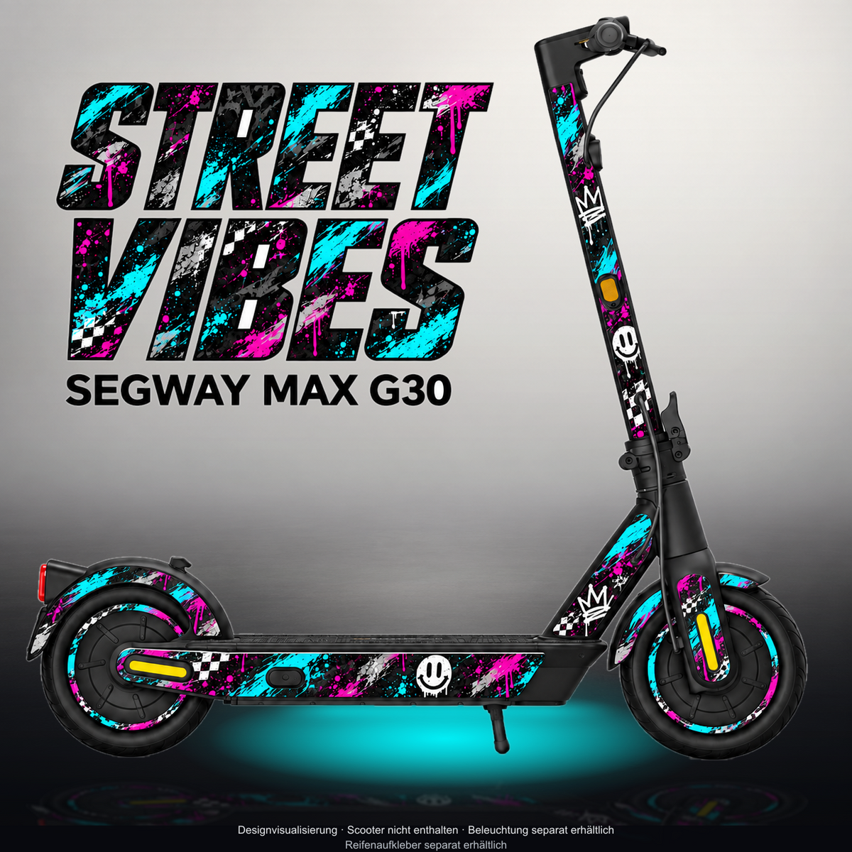 SEGWAY MAX G30 SKIN | STREET VIBES – Designvisualisierung im Studio-Look mit Licht in der Skinfarbe; Scooter nicht enthalten, Beleuchtung separat erhältlich