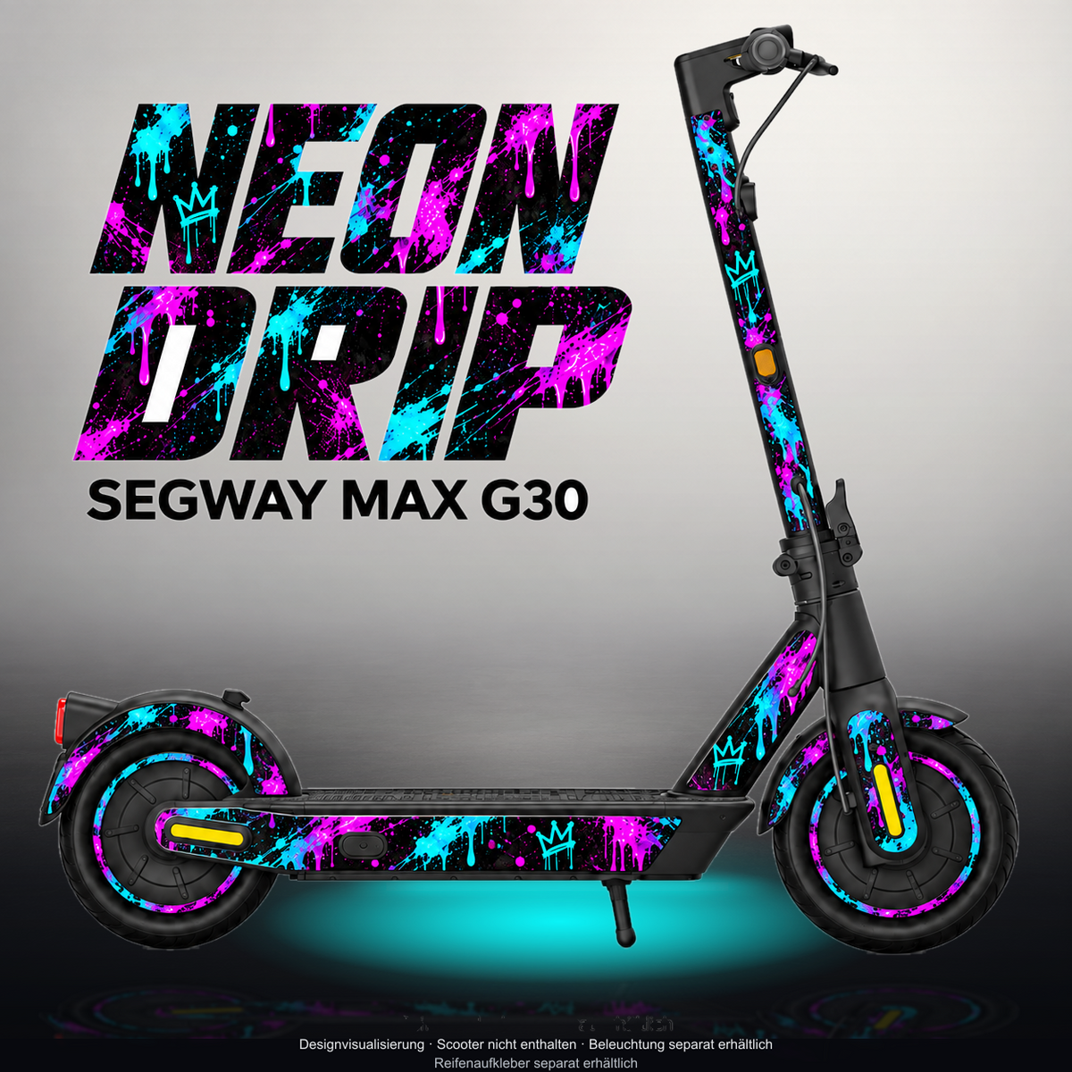 SEGWAY MAX G30 SKIN | NEON DRIP – Designvisualisierung im Studio-Look mit Licht in der Skinfarbe; Scooter nicht enthalten, Beleuchtung separat erhältlich