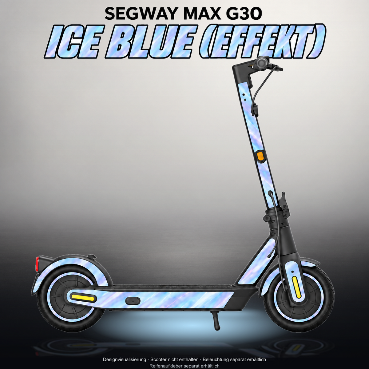 SEGWAY MAX G30 SKIN | ICE BLUE (EFFEKT) – Designvisualisierung im Studio-Look mit Licht in der Skinfarbe; Scooter nicht enthalten, Beleuchtung separat erhältlich