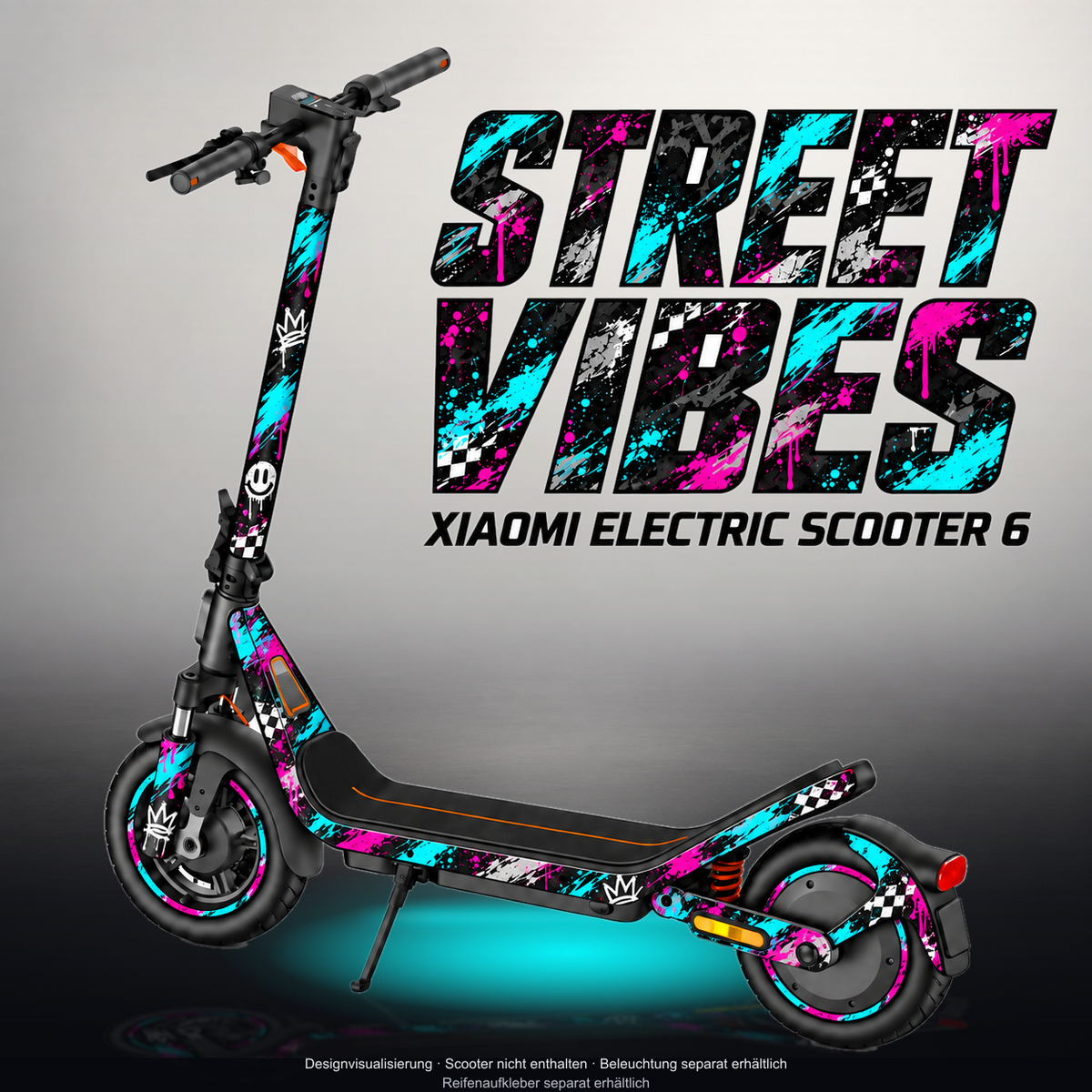XIAOMI ELECTRIC SCOOTER 6 SKIN | STREET VIBES – Designvisualisierung im Studio-Look mit Licht in der Skinfarbe; Scooter nicht enthalten, Beleuchtung separat erhältlich