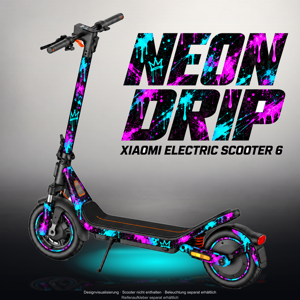 XIAOMI ELECTRIC SCOOTER 6 SKIN | NEON DRIP – Designvisualisierung im Studio-Look mit Licht in der Skinfarbe; Scooter nicht enthalten, Beleuchtung separat erhältlich