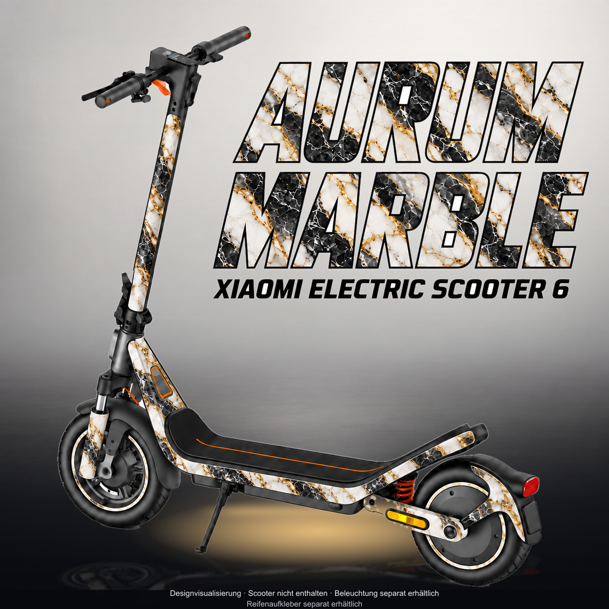 XIAOMI ELECTRIC SCOOTER 6 SKIN | AURUM MARBLE – Designvisualisierung im Studio-Look mit Licht in der Skinfarbe; Scooter nicht enthalten, Beleuchtung separat erhältlich