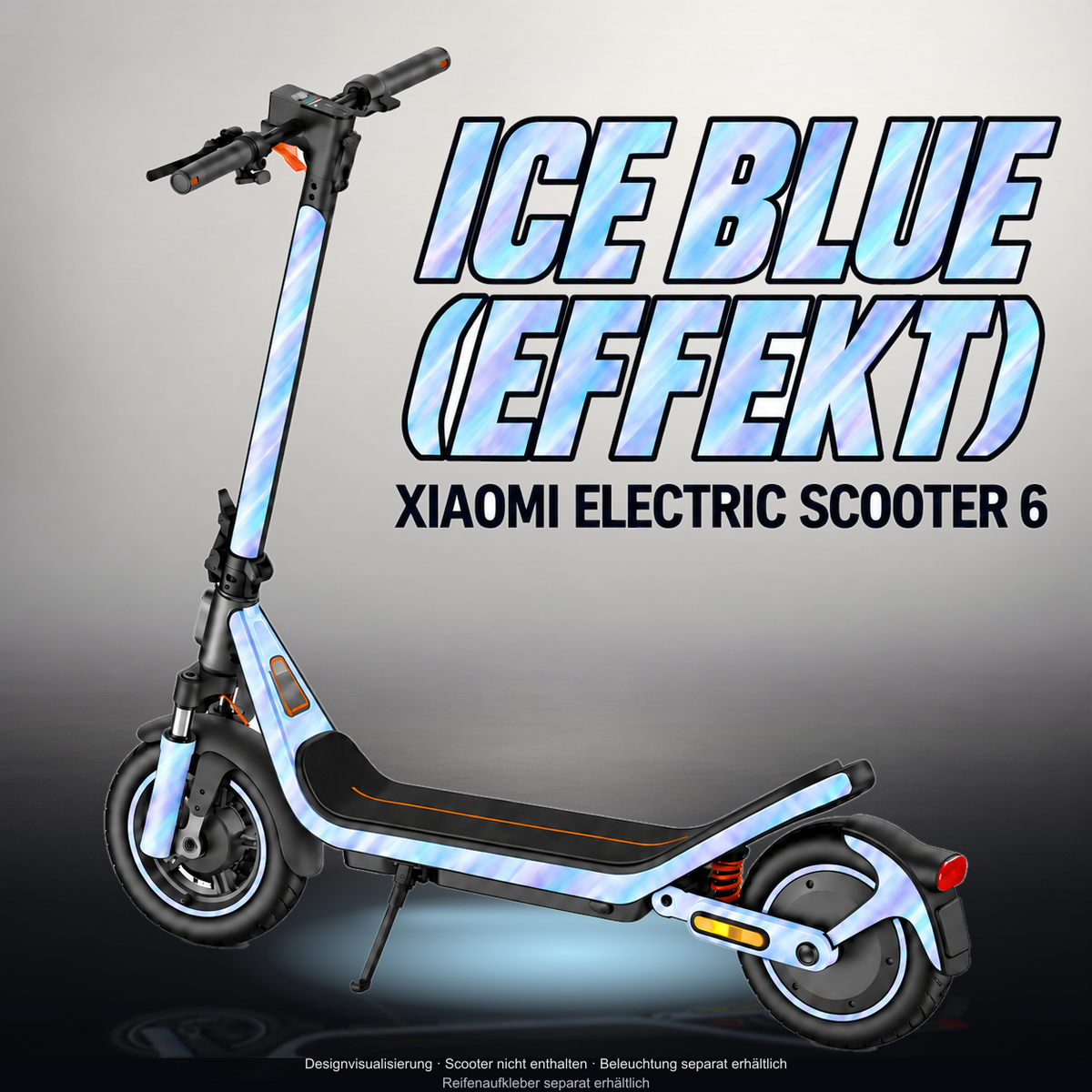 XIAOMI ELECTRIC SCOOTER 6 SKIN | ICE BLUE (EFFEKT) – Designvisualisierung im Studio-Look mit Licht in der Skinfarbe; Scooter nicht enthalten, Beleuchtung separat erhältlich