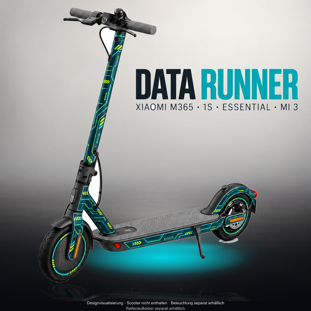 XIAOMI M365 / 1S / ESSENTIAL / MI 3 SKIN | DATA RUNNER – Designvisualisierung im Studio-Look mit Licht in der Skinfarbe; Scooter nicht enthalten, Beleuchtung separat erhältlich