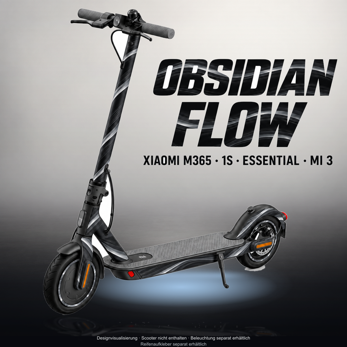 XIAOMI M365 / 1S / ESSENTIAL / MI 3 SKIN | OBSIDIAN FLOW – Designvisualisierung im Studio-Look mit Licht in der Skinfarbe; Scooter nicht enthalten, Beleuchtung separat erhältlich
