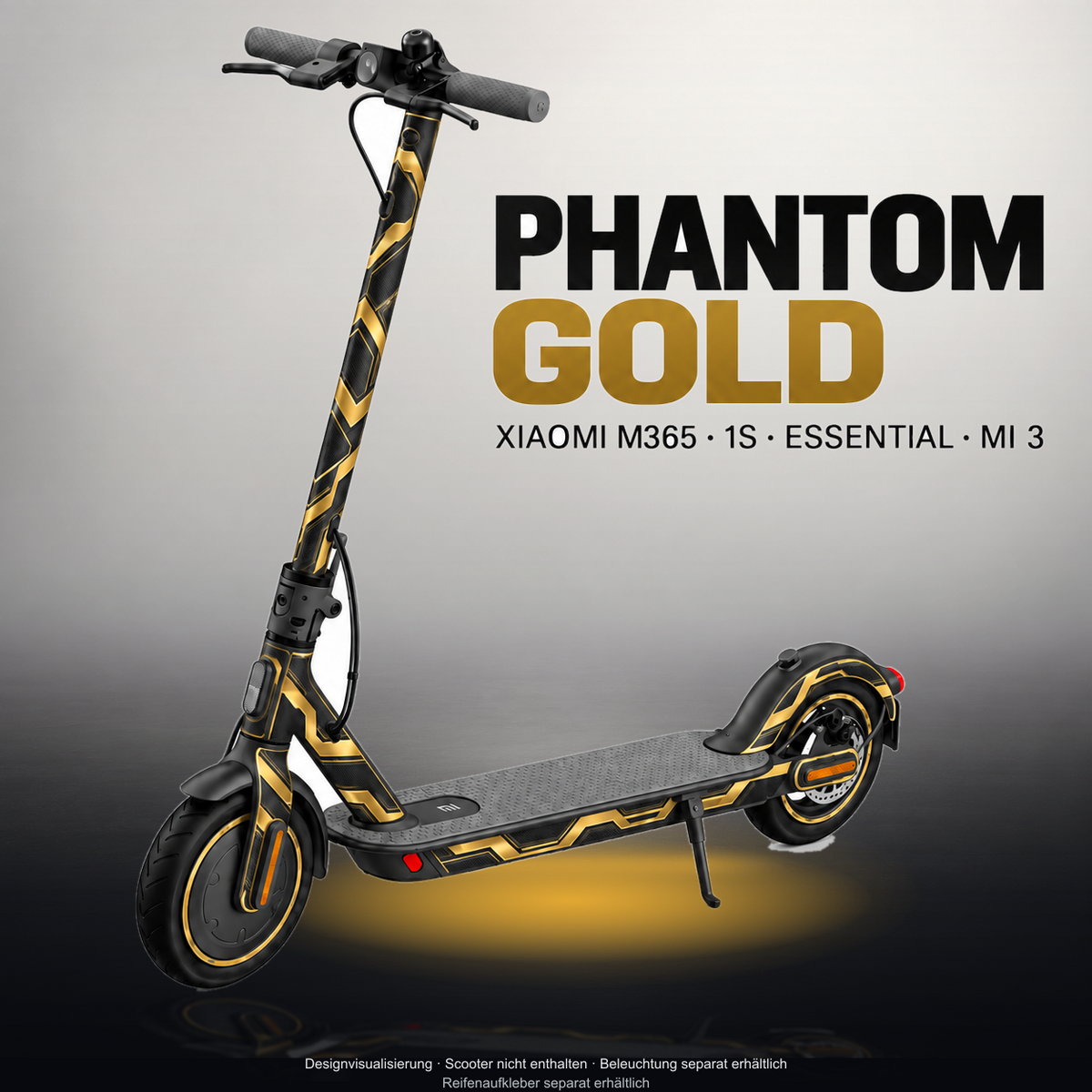 XIAOMI M365 / 1S / ESSENTIAL / MI 3 SKIN | PHANTOM GOLD – Designvisualisierung im Studio-Look mit Licht in der Skinfarbe; Scooter nicht enthalten, Beleuchtung separat erhältlich