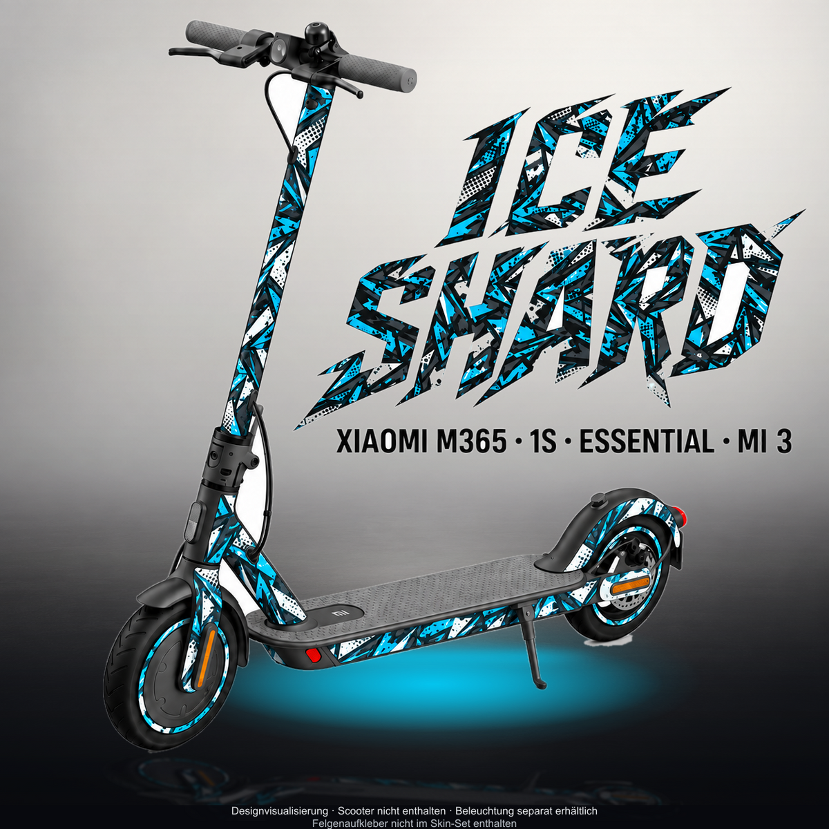 XIAOMI M365 / 1S / ESSENTIAL / MI 3 SKIN | ICE SHARD – Designvisualisierung mit Licht in der Skinfarbe; Scooter nicht enthalten, Beleuchtung separat erhältlich