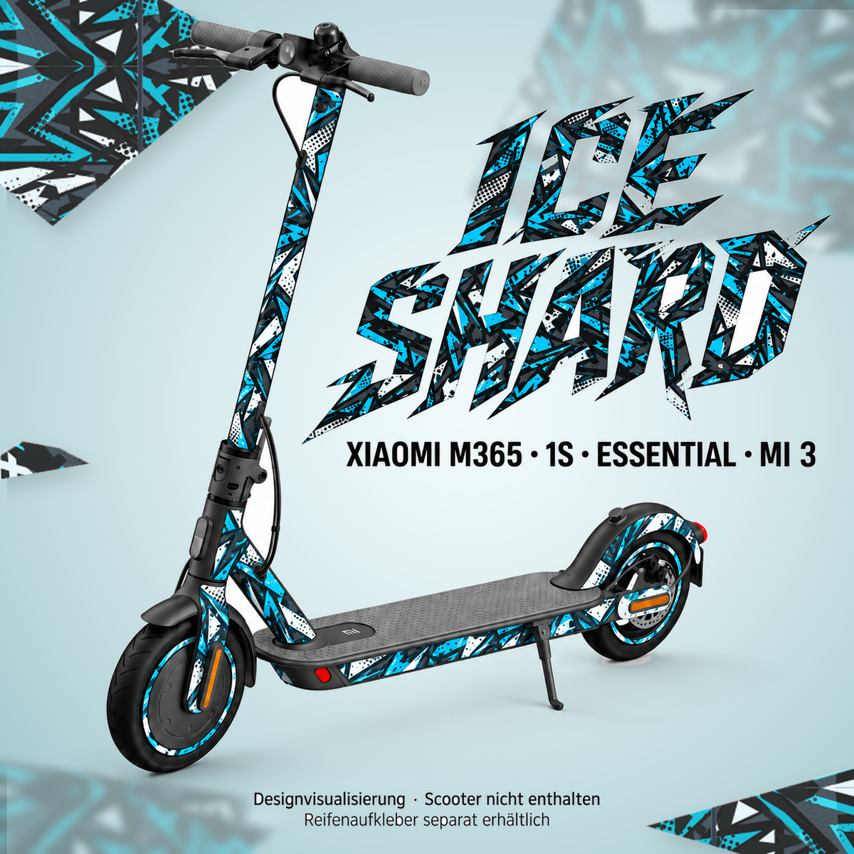 XIAOMI M365 / 1S / ESSENTIAL / MI 3 SKIN | ICE SHARD – Designvisualisierung; Scooter nicht enthalten. Reifenaufkleber separat erhältlich.