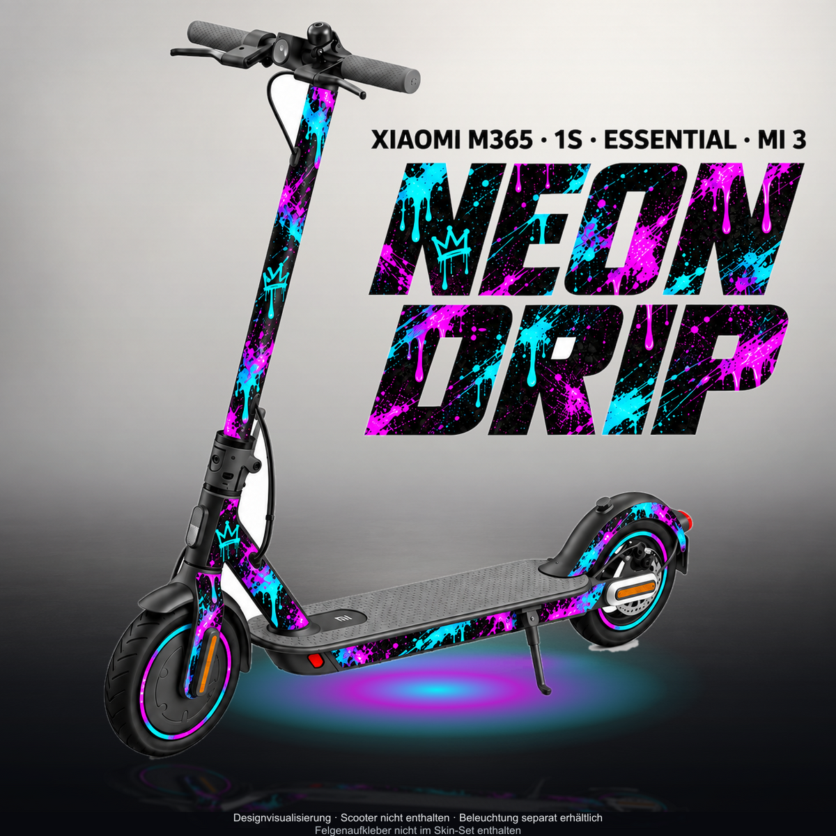 XIAOMI M365 / 1S / ESSENTIAL / MI 3 SKIN | NEON DRIP – Designvisualisierung mit Licht in der Skinfarbe; Scooter nicht enthalten, Beleuchtung separat erhältlich