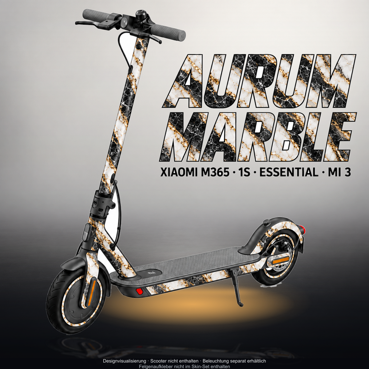 XIAOMI M365 / 1S / ESSENTIAL / MI 3 SKIN | AURUM MARBLE – Designvisualisierung mit Licht in der Skinfarbe; Scooter nicht enthalten, Beleuchtung separat erhältlich