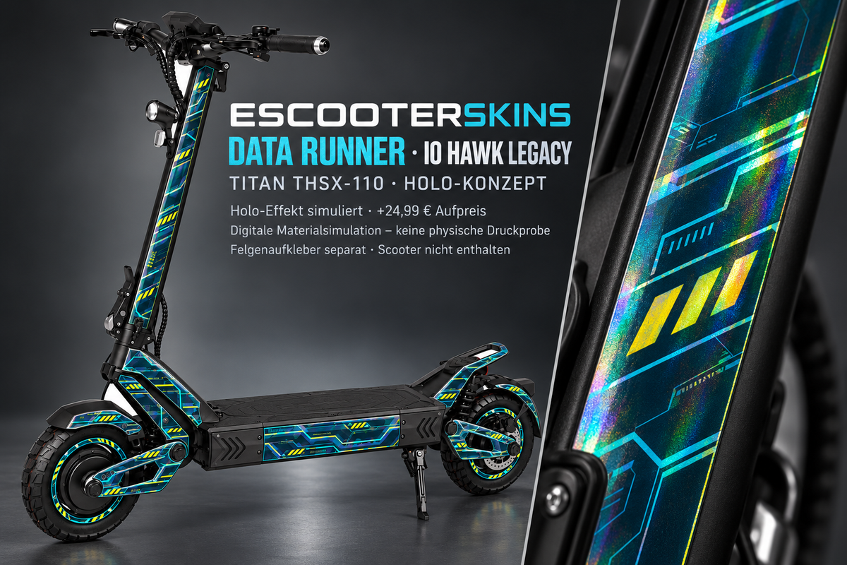 IO HAWK LEGACY SKIN | DATA RUNNER – Holo-Effekt simuliert; +24,99 EUR Aufpreis. Digitale Materialsimulation, keine physische Druckprobe. Nur Body-Skin; Scooter und Felgenaufkleber nicht enthalten.