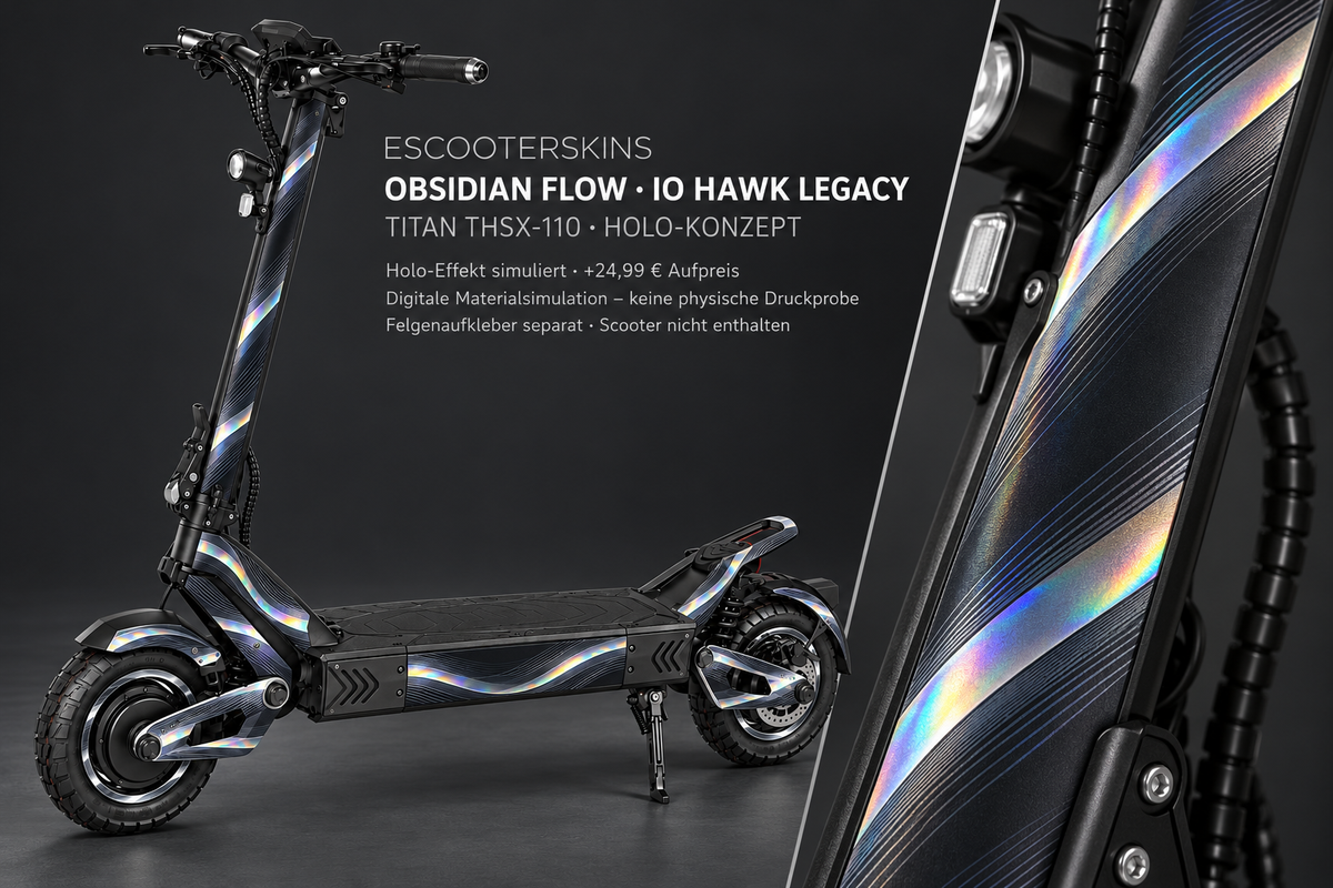 IO HAWK LEGACY SKIN | OBSIDIAN FLOW – Holo-Effekt simuliert; +24,99 EUR Aufpreis. Digitale Materialsimulation, keine physische Druckprobe. Nur Body-Skin; Scooter und Felgenaufkleber nicht enthalten.