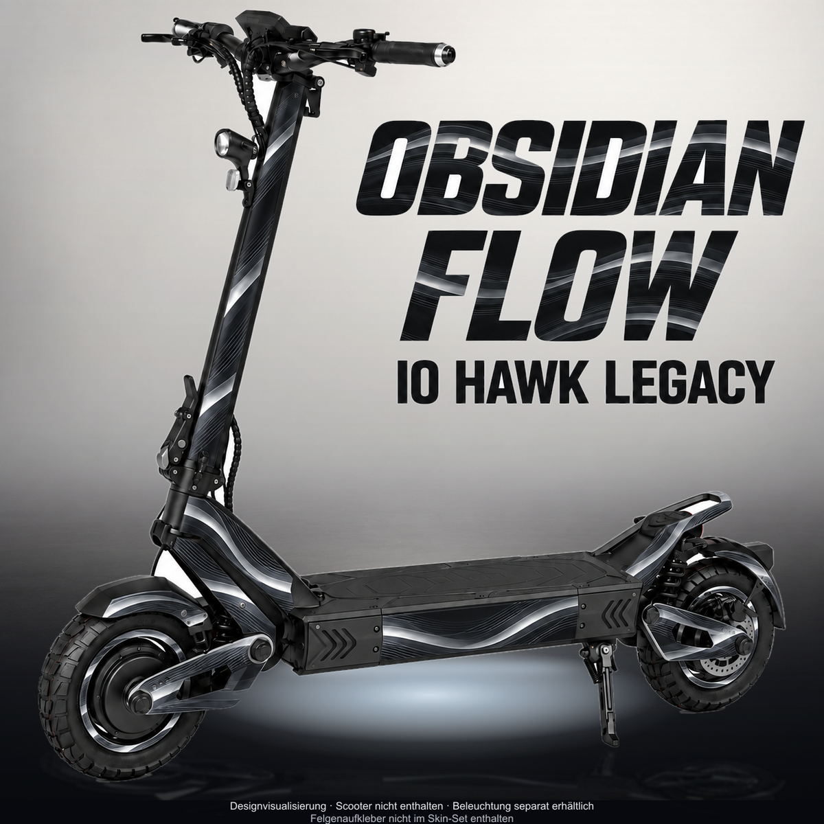 IO HAWK LEGACY SKIN | OBSIDIAN FLOW – Designvisualisierung mit Licht in der Skinfarbe; Scooter nicht enthalten, Beleuchtung separat erhältlich