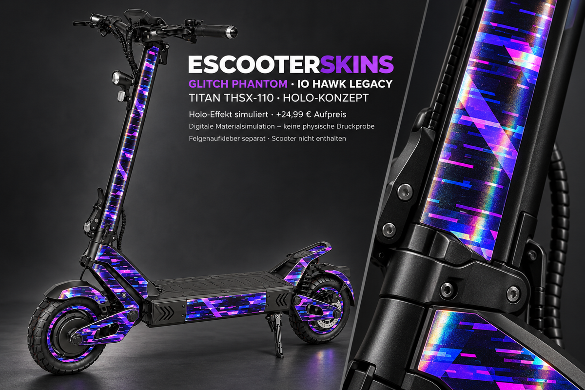 IO HAWK LEGACY SKIN | GLITCH PHANTOM – Holo-Effekt simuliert; +24,99 EUR Aufpreis. Digitale Materialsimulation, keine physische Druckprobe. Nur Body-Skin; Scooter und Felgenaufkleber nicht enthalten.