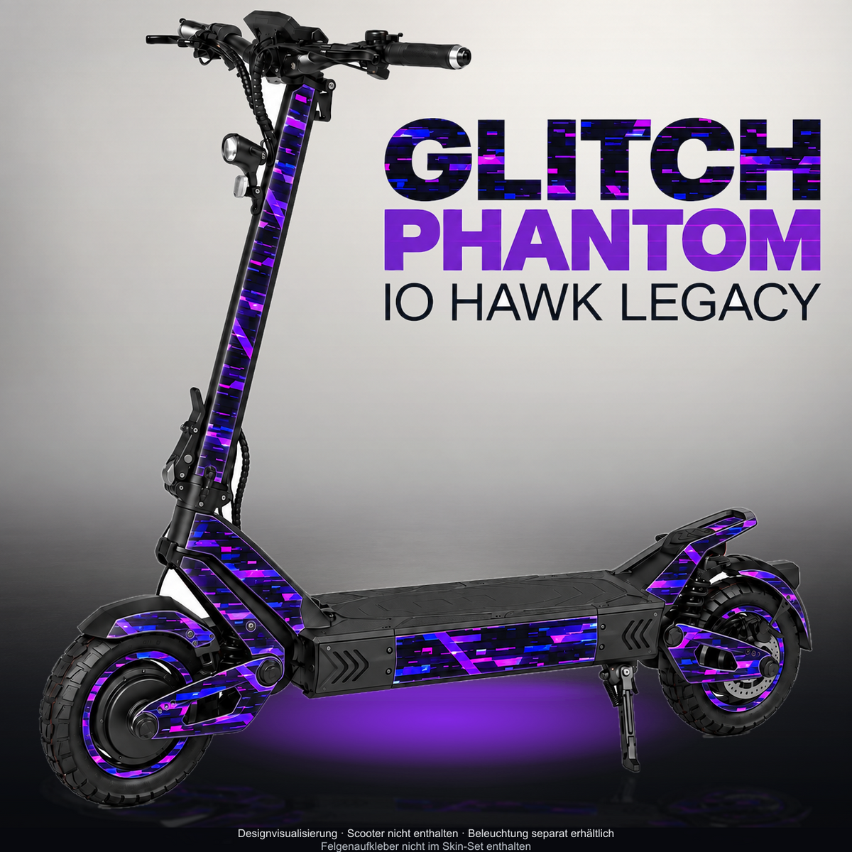 IO HAWK LEGACY SKIN | GLITCH PHANTOM – Designvisualisierung mit Licht in der Skinfarbe; Scooter nicht enthalten, Beleuchtung separat erhältlich